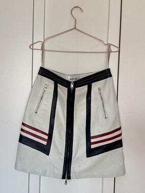 White Leather A-Line Moto Skirt with Black Trim and Burgundy Stripes